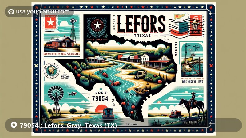 Vintage postcard-style illustration of Lefors, Texas, showcasing ZIP code 79054, depicting historical founding in 1888, ranching and stagecoach heritage, North Fork of the Red River, State Highway 273, river valley landscape, outdoor activities, and local wildlife.