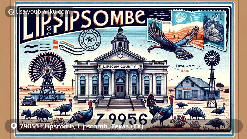 Modern illustration of Lipscomb, Texas, showcasing the classical revival-style Lipscomb County Courthouse and rural charms, including prairie landscapes, windmills, and wild turkeys, with postal elements like vintage stamp and mailbox.