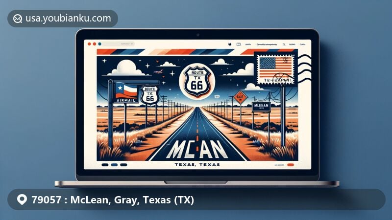 Modern illustration of McLean, Texas area, showcasing connection to historic Route 66 and ranching heritage, with airmail envelope featuring Texas state flag, ZIP code 79057, and Route 66 sign.