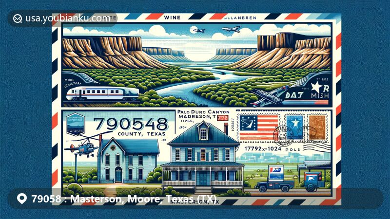 现代插画描绘了得克萨斯州摩尔县Masterson地区的自然风光，展现了Palo Duro Canyon和Canadian River景观，以及Colonial Revival风格的Mary (Masterson) and John Fain House。航空信封形状、邮票和邮戳标注了邮编79058和Masterson, TX，突出了地区的邮政主题。