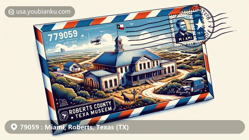 Modern illustration of Miami, Texas, highlighting airmail envelope with ZIP code 79059, featuring Roberts County Museum, postmark and Texas state flag, showcasing local cultural and historical significance.
