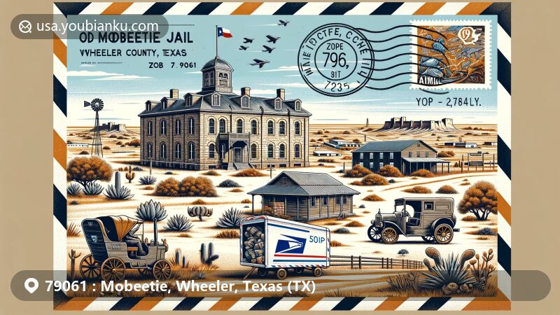 Modern illustration of Mobeetie, Wheeler County, Texas, highlighting regional and postal heritage with ZIP code 79061, featuring Old Mobeetie Jail Museum, Fort Elliott, and Texas Panhandle landscapes.