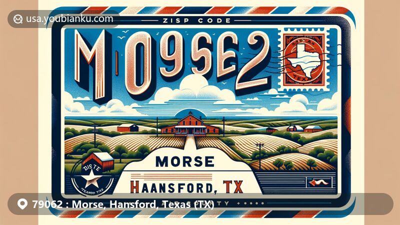 Modern illustration of Morse, Texas, with ZIP code 79062, depicting a vintage air mail envelope design featuring the Texas Panhandle landscape, agricultural elements, and postal features.