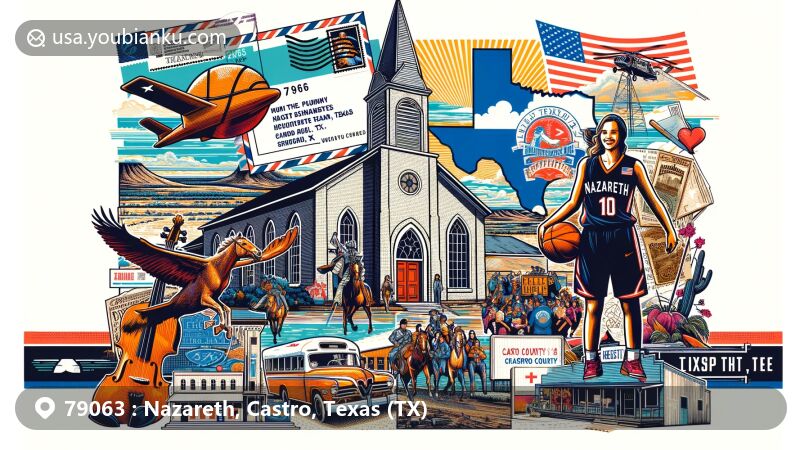 Modern illustration of Nazareth, Texas, highlighting ZIP Code 79063, showcasing Holy Family Catholic Church, Llano Estacado, Nazareth Swiftettes basketball team, vintage postal elements, and Texas state outline with Castro County. Capturing town's heritage, natural beauty, community spirit, and geographical context.