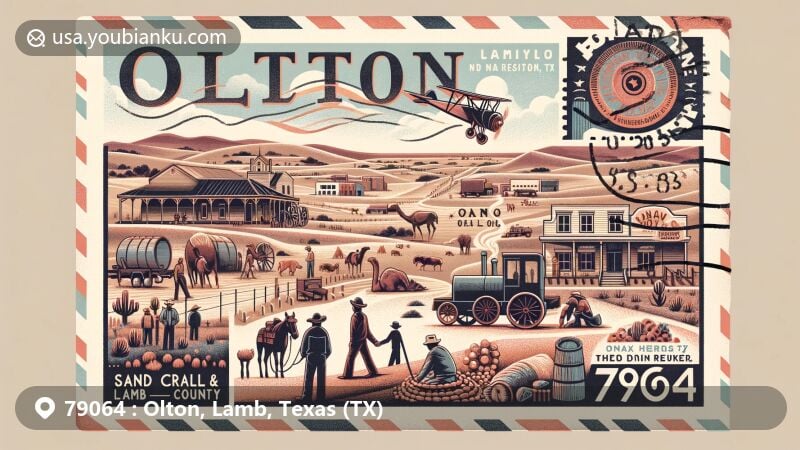Modern illustration of Olton, Texas, highlighting rich agricultural heritage and diverse cultural community of Hispanic and Anglo White, featuring iconic landmarks like Sand Crawl Museum and references to ZIP code 79064.