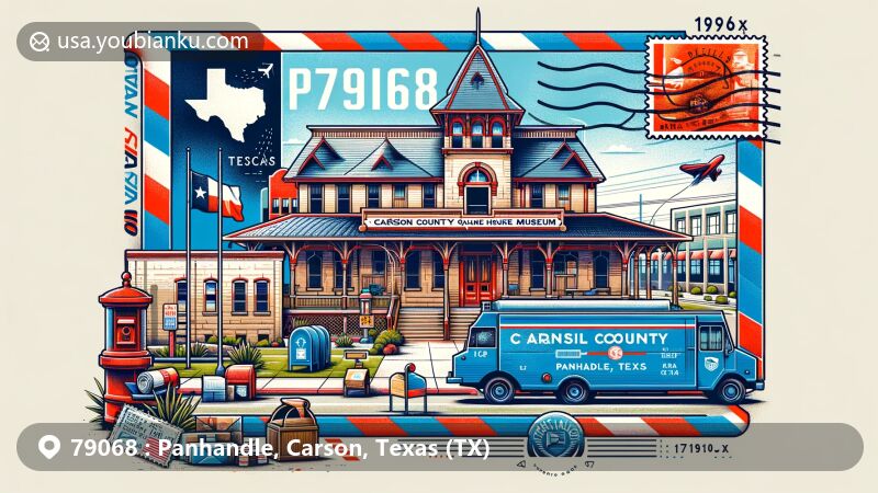 Modern illustration of Carson County Square House Museum and Panhandle City Hall in Panhandle, Texas, showcasing Texas state symbols, Carson County outline, and postal theme with ZIP code 79068.