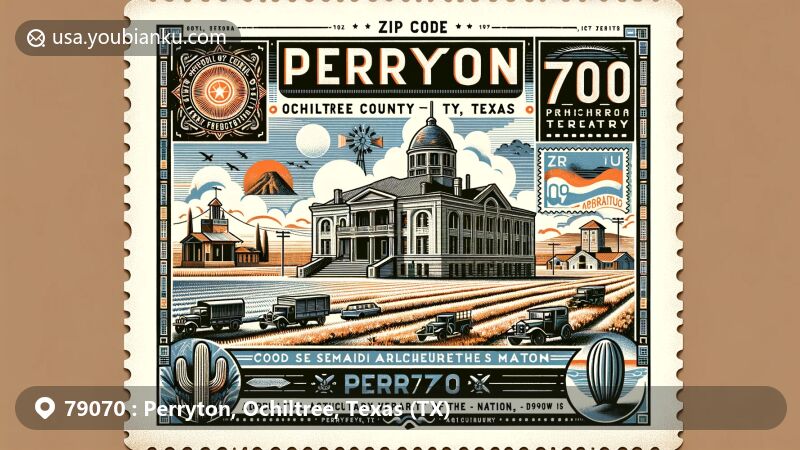 Illustration of Perryton, Ochiltree County, Texas, showcasing postal theme with ZIP code 79070, featuring Classical Revival-style Ochiltree County Courthouse and Ellis Theater, reflecting local climate and historical events.