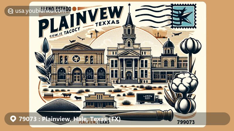 Modern illustration of Plainview, Texas, showcasing postal theme with ZIP code 79073, featuring landmarks like Llano Estacado Museum and Hale County Courthouse.