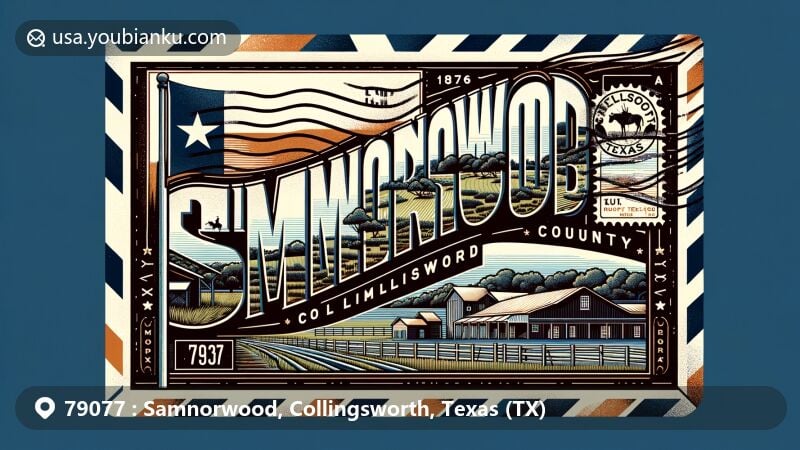Creative illustration of vintage airmail envelope featuring Samnorwood, Texas landscape, iconic plains, ranching scenes, postal stamp with 1876 and 1931, highlighting ZIP code 79077 and TX abbreviation.