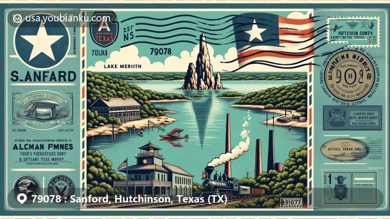 Modern illustration of Sanford, Hutchinson County, Texas, highlighting the postal theme with ZIP code 79078, featuring Lake Meredith's natural beauty, Alibates Flint Quarries National Monument, vintage postcard design, and Texas state flag.