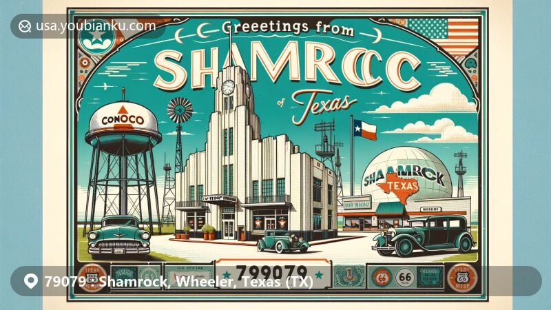 Modern illustration of Shamrock, Texas ZIP code 79079 area featuring Conoco Tower Station, U-Drop Inn Café, and Shamrock Water Tower, with vintage postcard theme showcasing Texas culture like the Texas flag, oil derricks, and Route 66 signs.