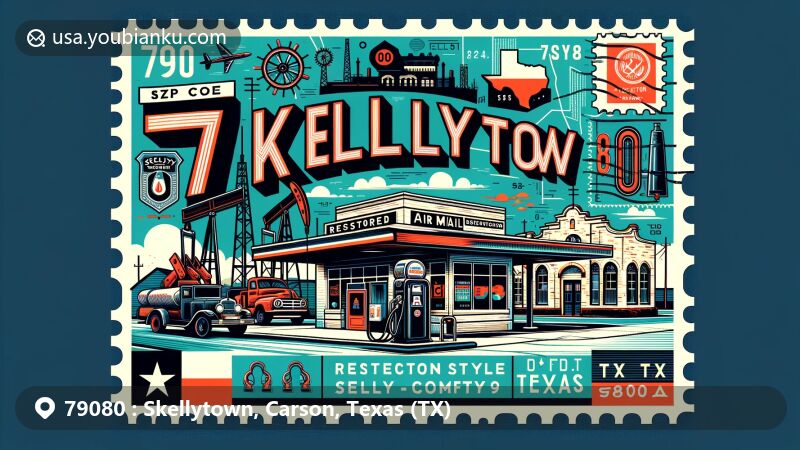 Modern illustration of Skellytown, Carson County, Texas, showcasing oil industry theme with vintage postcard design and ZIP code 79080, featuring Skelly Oil Company's gas station and Texas state flag.