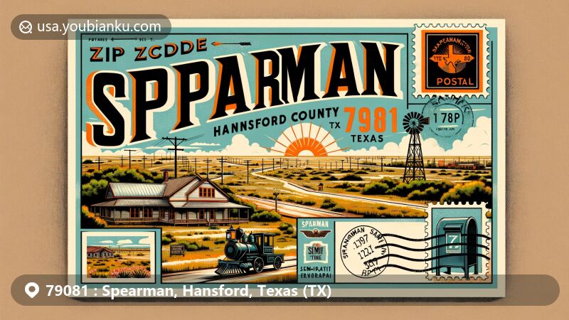 Modern illustration of Spearman, Texas, and Hansford County, showcasing semi-arid landscape, Stationmasters House Museum, postal elements, and vibrant colors.