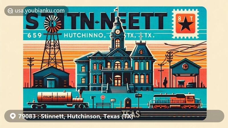 Modern illustration of Stinnett, Hutchinson, Texas (TX) showcasing iconic landmarks, including McCormick House, courthouse, railroad, and oil well, with postal theme and Texas symbols.