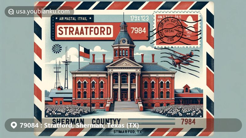 Modern illustration of Sherman County Courthouse and Santa Fe Depot in Stratford, Texas, featuring classical revival architecture, Texas flag, cotton plants, and ZIP code 79084 with a 'Stratford, TX' postmark stamp.