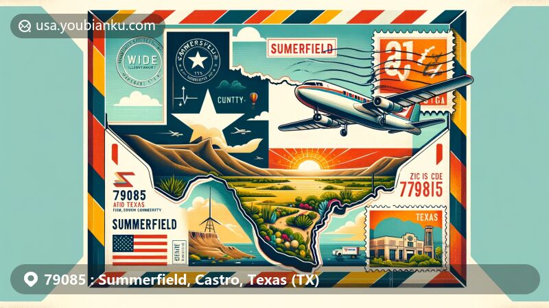 Modern illustration of Summerfield, Texas, in Castro County, featuring a vintage-style airmail envelope with postal theme and ZIP code 79085, showcasing iconic Texas imagery and semi-arid landscape.
