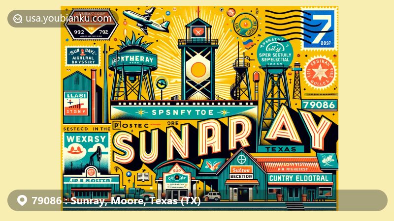 Modern illustration of Sunray, Moore, Texas, representing ZIP Code 79086, showcasing agriculture and petroleum industries with elements like postcard design, Sunray Coop, and industry symbols.
