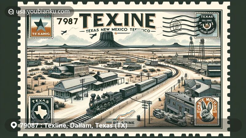 Modern illustration of Texline, Texas, showcasing postal theme with ZIP code 79087, featuring Rabbit Ear Mountain and Texas state symbols.