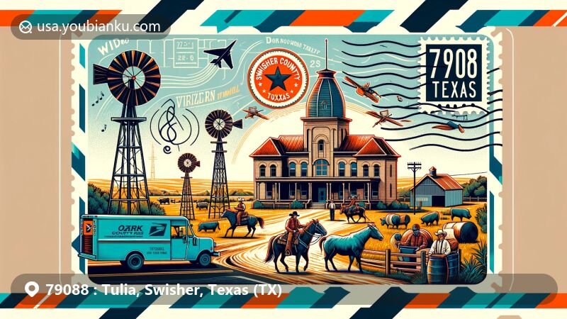 Modern illustration of Tulia, Texas, showcasing postal theme with ZIP code 79088, featuring Swisher County Courthouse, windmills, Bob Wills tribute, Swisher County Ranch Rodeo, and Ozark Trail Marker.