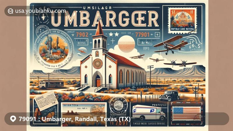 Modern illustration of Umbarger, Texas, highlighting St. Mary's Church and murals by Italian POWs, semi-arid landscape, and Buffalo Lake National Wildlife Refuge, with postal themes like airmail envelope and postage stamp.