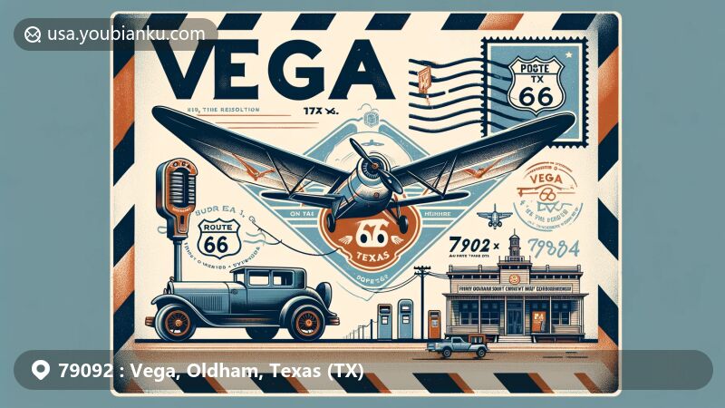 Modern illustration of Vega, Oldham County, Texas, featuring aviation-themed envelope with Route 66, Oldham County Courthouse, and gas stations along the highway. Envelope showcases vintage stamp, postmark 'Vega, TX 79092,' and integrated landmark illustrations.