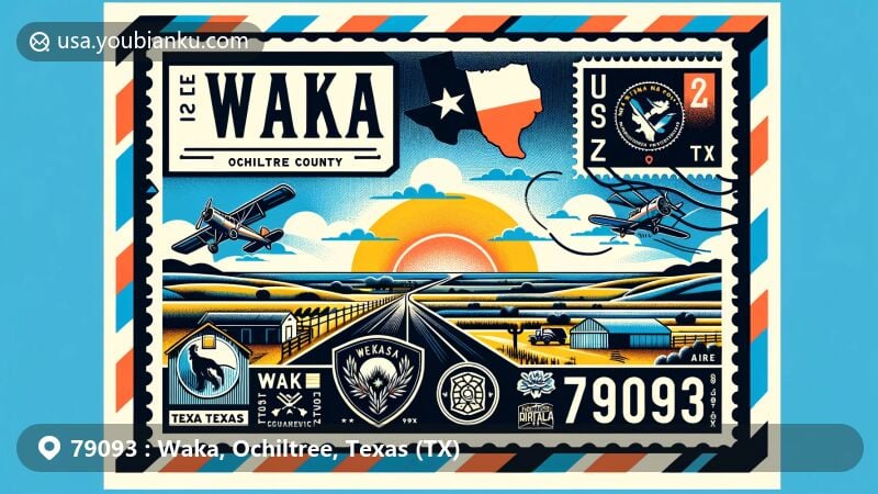 Modern illustration of Waka, Texas, in Ochiltree County, showcasing postal theme with ZIP code 79093, featuring local symbols like the Texas flag, German heritage, and semi-arid climate, along with scenic elements representing the area's geography and economy.
