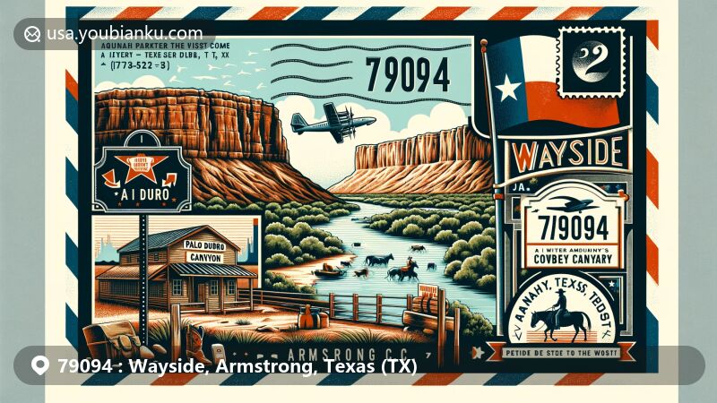 Modern illustration of Wayside, Armstrong County, Texas, featuring Palo Duro Canyon, cowboy culture, JA Ranch heritage, Quanah Parker Trail marker, and Texas state symbols.