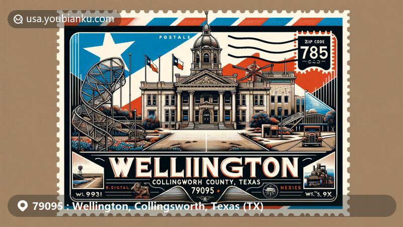 Modern illustration of Wellington, Collingsworth County, Texas, featuring vintage airmail envelope with Collingsworth County Courthouse, Quanah Parker Trail arrow, 1931 architecture, US 83 truss bridge, and Texas flag, showcasing postal theme with ZIP code 79095.
