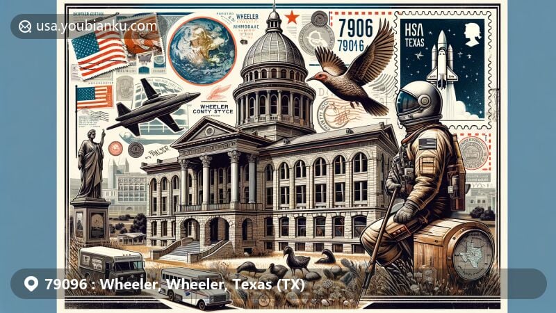 Modern illustration of Wheeler, Texas, ZIP code 79096, featuring Classical Revival architecture of Wheeler County Courthouse and historical exhibits at Wheeler Historical Museum.