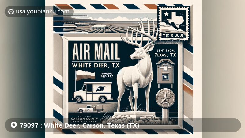 Modern illustration of White Deer, Carson County, Texas, featuring a central airmail envelope with a statue of a white deer, Texas state flag stamp, and postal vehicle, encapsulating the essence of White Deer's postal heritage.
