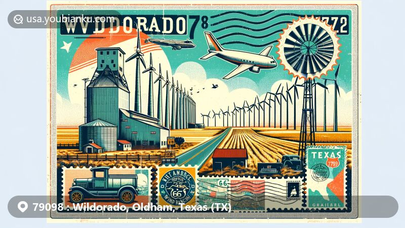 Modern illustration of Wildorado, Texas, celebrating ZIP code 79098 and highlighting Route 66, wind turbines of Wildorado Wind Ranch, Texas Panhandle landscape, and agricultural heritage with grain elevators.