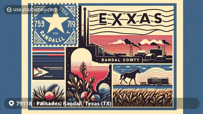 Modern illustration of Palisades, Randall County, Texas, with Texas flag and Randall County silhouette, showcasing ZIP code 79118, incorporating postal elements like airmail envelope and postal stamp.