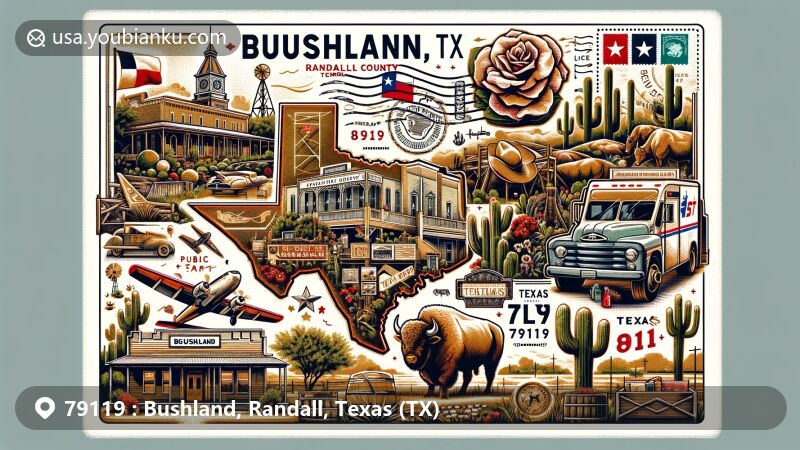 Modern illustration of Bushland, Texas, within Randall County, showcasing Texas culture with elements like public art, Tex-Mex cuisine, and agriculture, integrated with postal theme featuring vintage postcard style and 'Bushland, TX 79119' postmark.