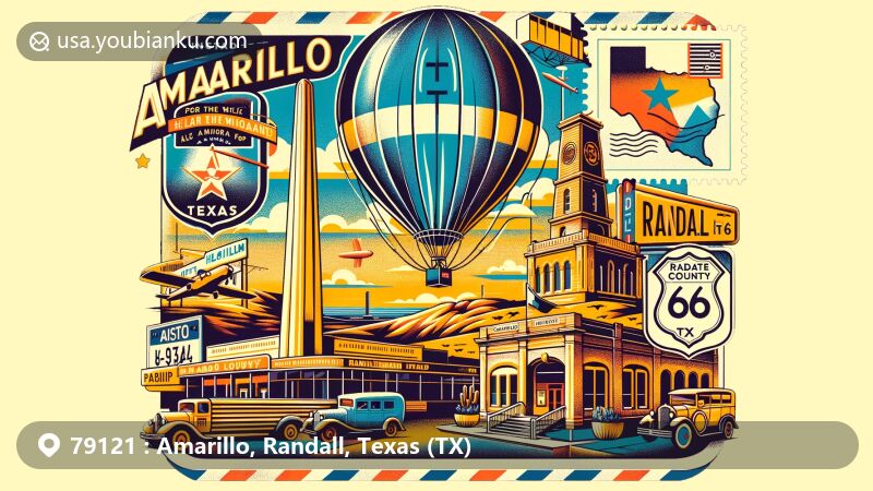 Modern illustration of Amarillo, Texas, highlighting Helium Monument and Route 66 Historic District, with postal theme including Texas flag and Randall County stamps, and 'Amarillo, TX 79121' postmark.