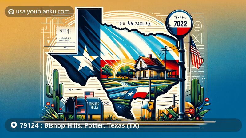Modern illustration of Bishop Hills, Potter County, Texas, embodying rural charm and Texan symbols with Texas state flag and postal theme, featuring ZIP code 79124 and iconic elements of Amarillo area.