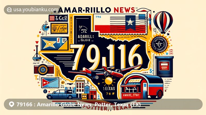 Modern illustration of Amarillo Globe News area in Potter County, Texas, featuring Texas state flag and postal service symbols like postcard, envelope, stamps, postmarks, and mailbox, showcasing ZIP code 79166.
