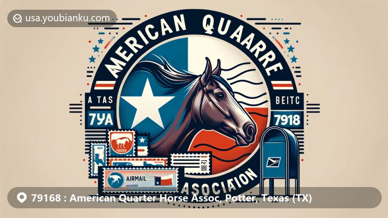 Modern illustration of the American Quarter Horse Association in Texas, featuring postal elements like airmail envelope, postage stamps, postmark with ZIP Code 79168, and a mailbox integrated with Texas state flag elements.
