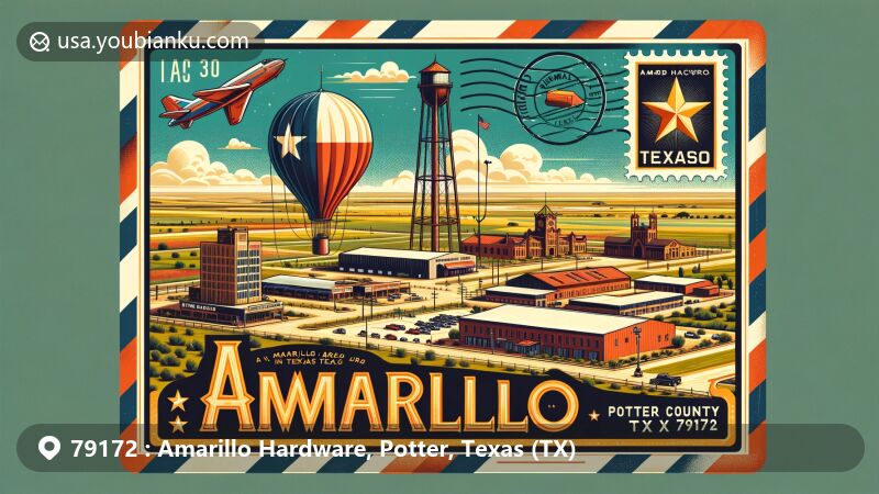 Modern illustration of Amarillo Hardware area in Potter County, Texas, showcasing Cadillac Ranch and Helium Monument against the backdrop of the Texas Panhandle's landscape, framed with vintage airmail envelope border featuring Texas flag and postmark for Amarillo, TX 79172.