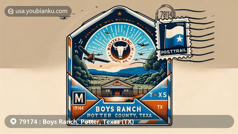 Modern illustration of Boys Ranch, Potter County, Texas (TX), featuring iconic Cal Farley's Boys Ranch, Texas flag, and postal elements with ZIP code 79174.