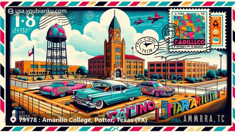 Modern illustration of Washington Street Campus of Amarillo College in Amarillo, Texas, featuring clock tower, Amarillo Museum of Art, and iconic Cadillac Ranch with graffiti-covered Cadillac cars. Designed as a vibrant postcard with Texas culture elements, including stamp, postmark (ZIP code 79178), and air mail border.