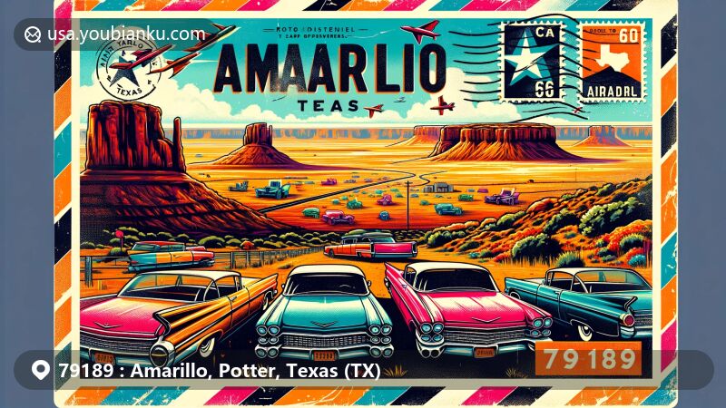 Vibrant illustration of Amarillo, Texas, featuring iconic Cadillac Ranch and Palo Duro Canyon, embodying spirit of Route 66, with vintage postcard theme including Texas state symbols and ZIP code 79189.