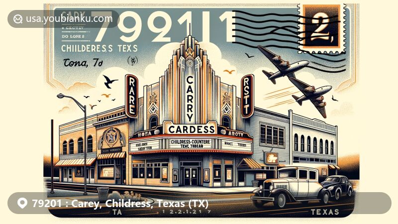 Modern illustration of Carey, Childress, Texas (ZIP code 79201), featuring Childress County Heritage Museum, Palace Theater's Art Deco facade, and vibrant community spirit, with vintage postcard layout and postal elements like postmark and stamps.