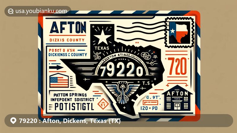 Modern illustration of Afton, Texas, showcasing a stylized airmail envelope with ZIP code 79220, incorporating elements of Dickens County and Texas state symbols.