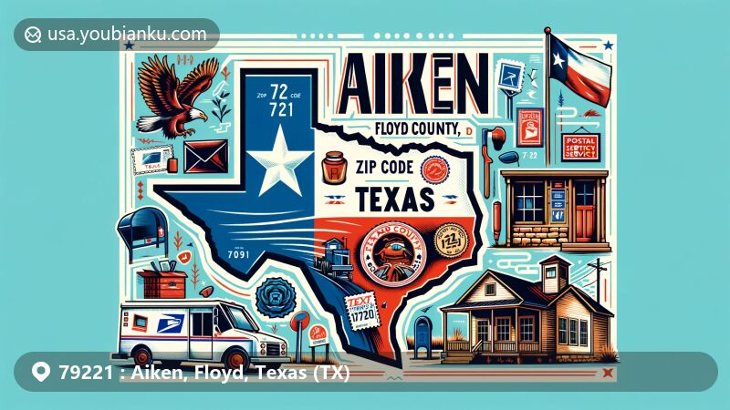 Creative illustration of Aiken, Floyd County, Texas, merging regional and postal themes with Texas state flag, Floyd County outline, and postal symbols like post office, mailboxes, and stamps.
