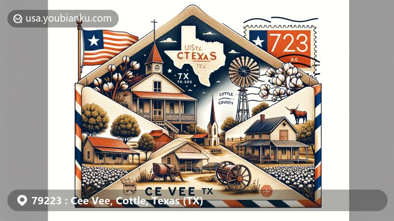 Modern illustration of Cee Vee, Cottle County, Texas, highlighting historical and agricultural essence with airmail envelope, CV Ranch, cotton gin, churches, and general store, alongside Texas symbols and ZIP code 79223.