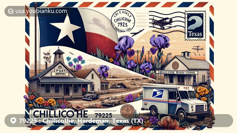 Modern illustration of Chillicothe, Hardeman County, Texas, showcasing postal theme with ZIP code 79225, featuring post office, postal truck, 