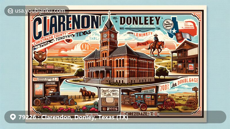 Modern illustration of Clarendon, Donley, Texas, showcasing postal theme with ZIP code 79226, featuring historic Donley County Courthouse and cowboy culture.