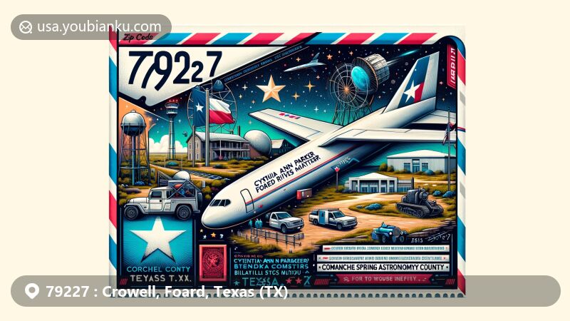 Modern illustration of Crowell, Foard County, Texas, showcasing postal theme with ZIP code 79227, featuring local landmarks like Cynthia Ann Parker/Pease River Battlefield Marker and Comanche Springs Astronomy Campus.
