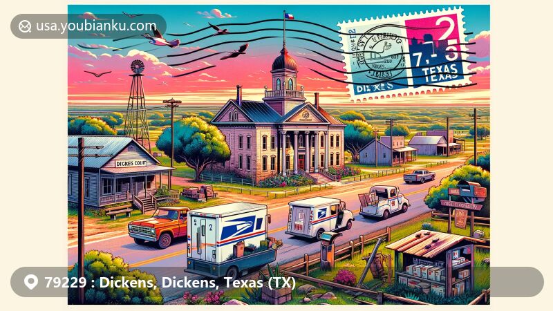 Modern illustration of Dickens, Texas, showcasing postal theme with ZIP code 79229, featuring landmarks like the Dickens County Courthouse and US Post Office, set against serene rural landscape.