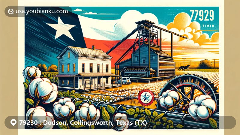 Modern illustration of Dodson, Texas, combining its agricultural heritage with a vintage cotton gin and a classic American post office, featuring ZIP code 79230 and a stylized postal stamp with Texas state flag.